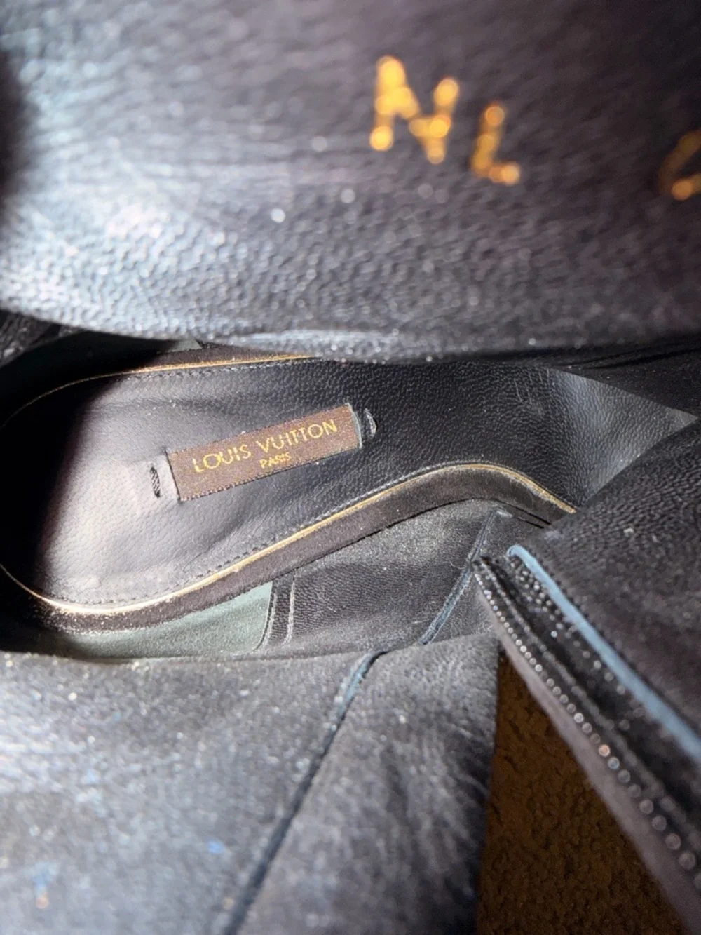 Louis Vuitton Black Suede Peep-Toe Wedge Ankle Boots with Gold Wedge - Picture 5 of 7